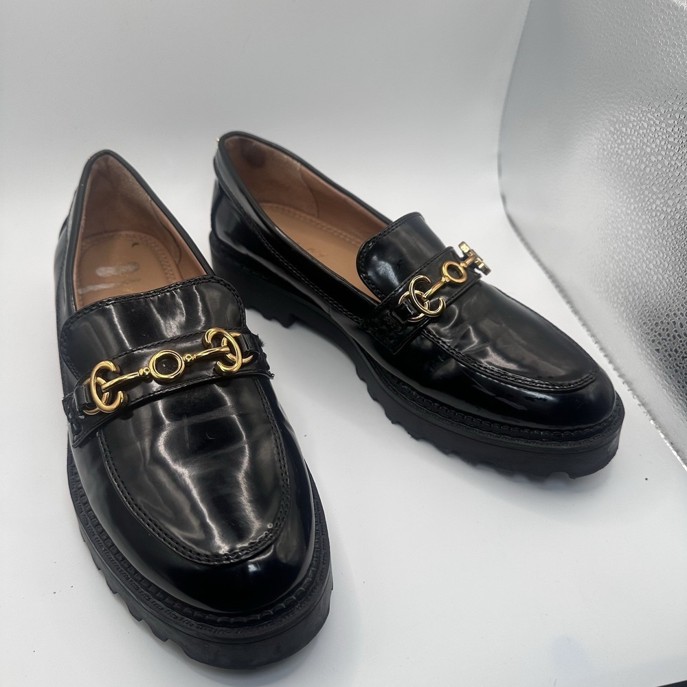 Circus Sam Edelman‎ Deana Lug Sole Loafers Black Patent Gold Hardware Women's 9
